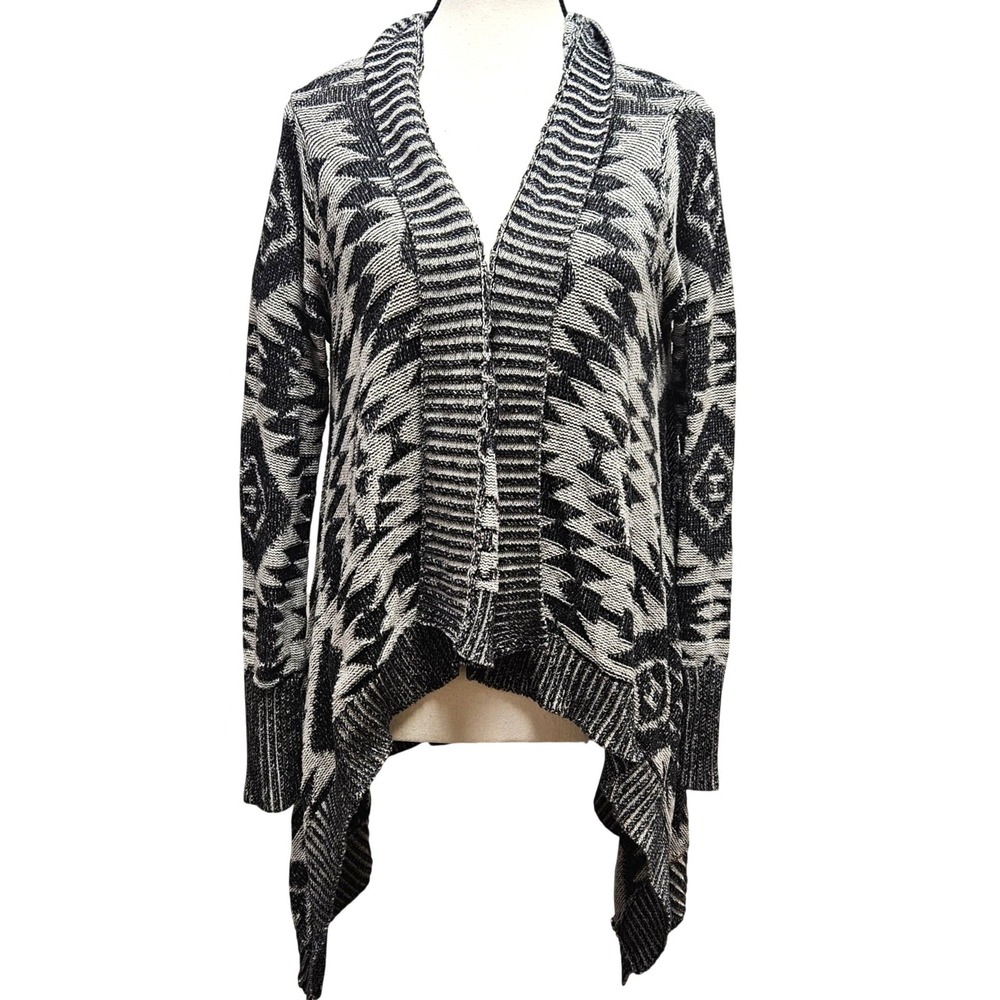 2b Bebe Cardigan Women P/S Black Tribal Geometric Waterfall Knit Southwestern